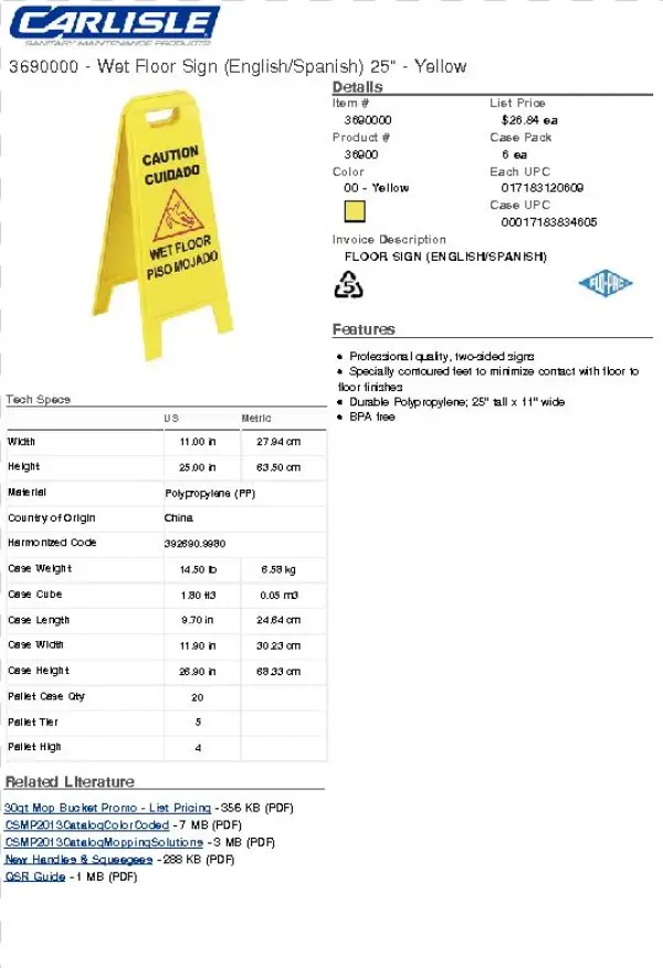 Download Spec Sheet - Flo-pac Cfs3690200 Floor Sign, French & Italian,