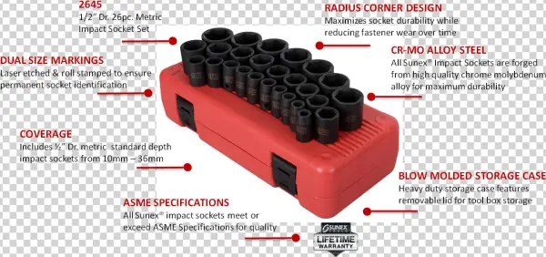 View Larger - Sunex 2645 1/2-inch Drive Metric Impact Socket Set,
