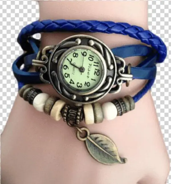 Romira Blue Charm Bracelet & Watch - Women Lady Braided Leather Leaf Bracelet Watch Vintage