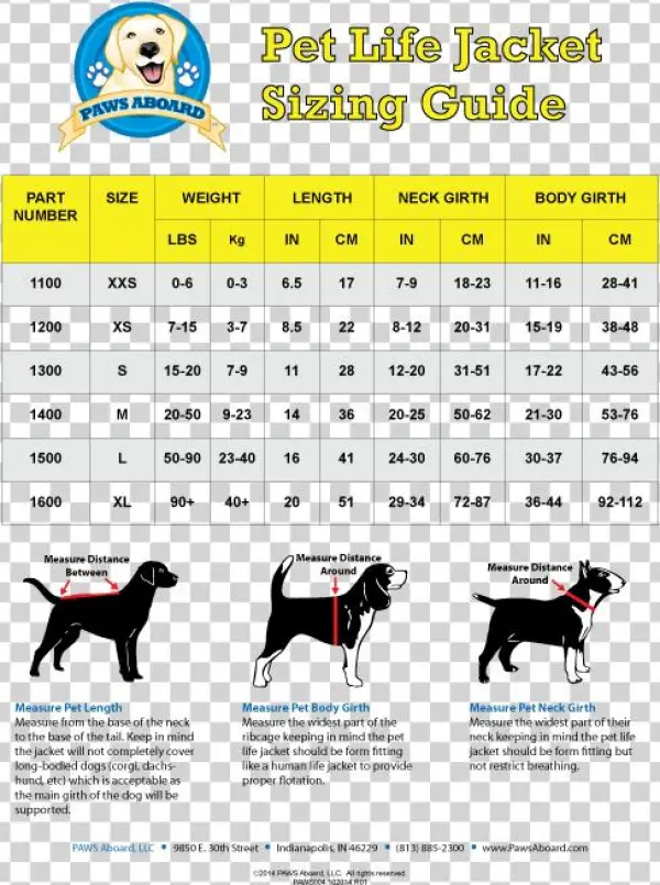 Sizing Chart - Fido Pet Products Paws Aboard Neoprene Doggy Life Jacket