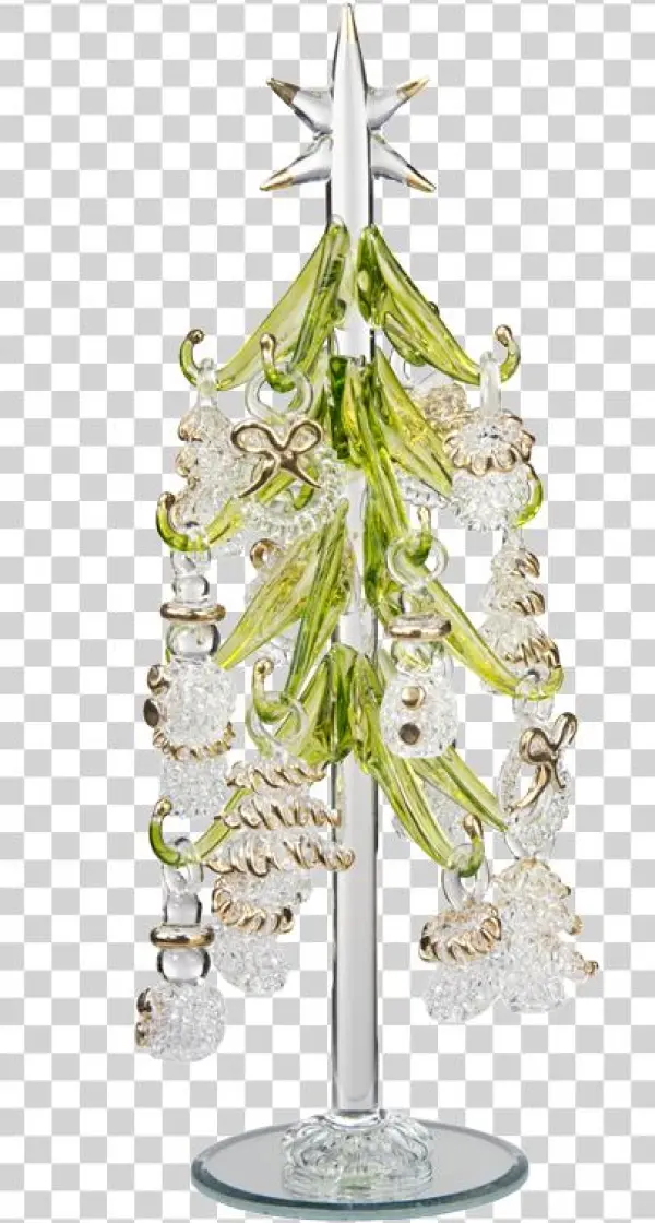 Green Glass Tree With Ornaments, 23cm