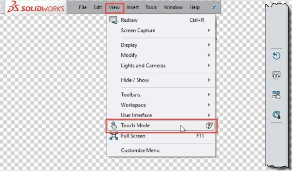 Solidworks 2018 Touch Mode View Menu