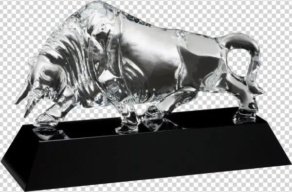 Charging Bull Optical Crystal On Black Base - Custom Large Crystal Bull Award With Black Base, 13"