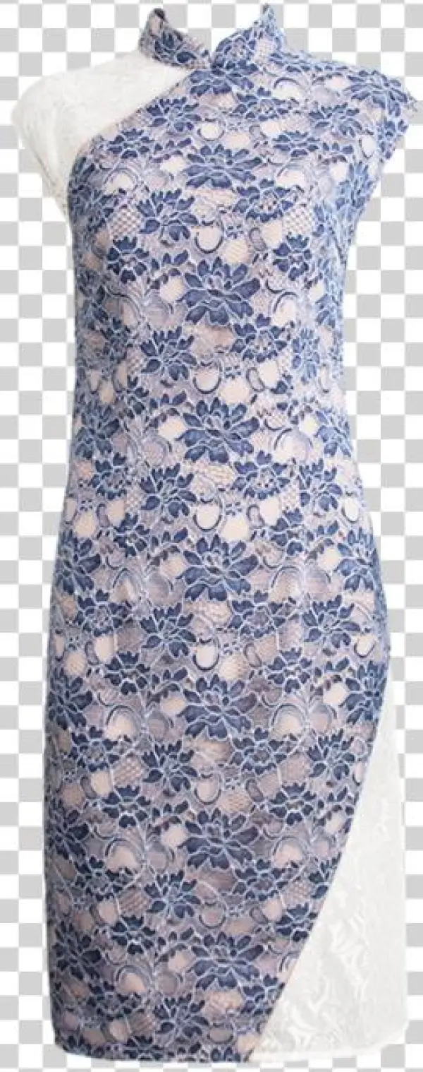 Yu Light Denim Blue Lace-panel Cheongsam - Blue
