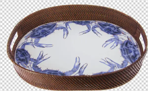 Se73 Blue Crab Rattan Serving Tray - Blue Crab Large Rattan Tray, Serving Trays,steel, Enamel,