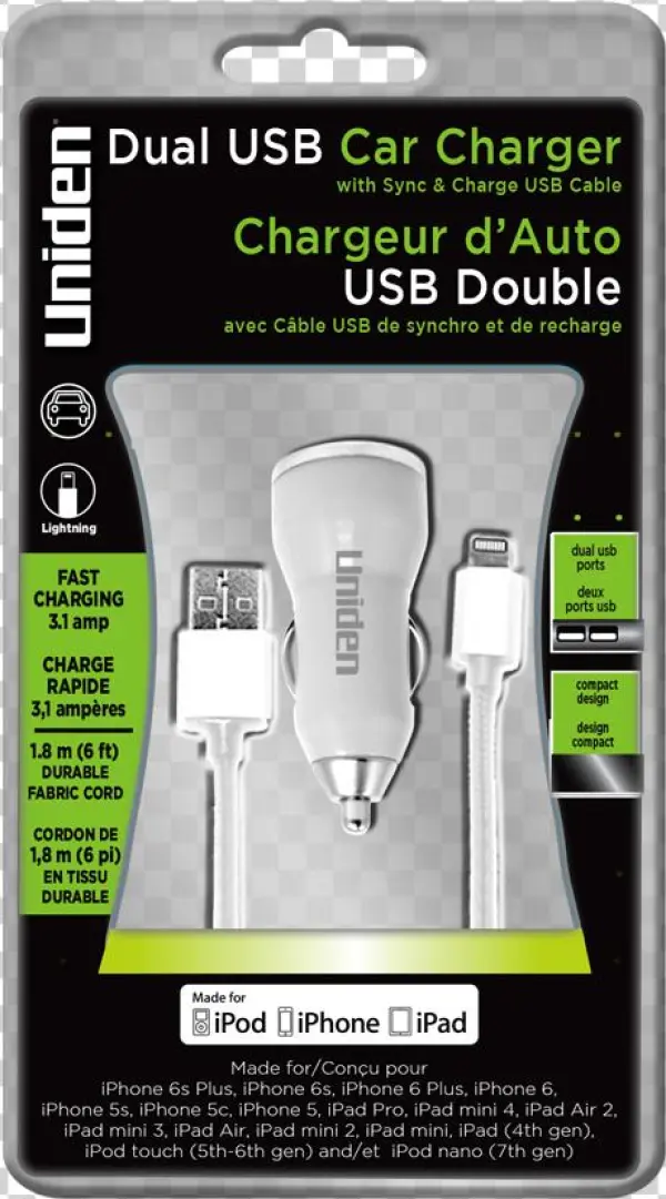 Dual Usb Car Charger With Apple Lightning Cable