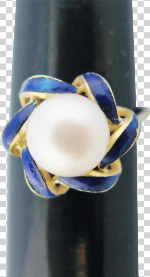 Vintage 18k Gold Ring Pearl Solitaire Cobalt Blue Enamel