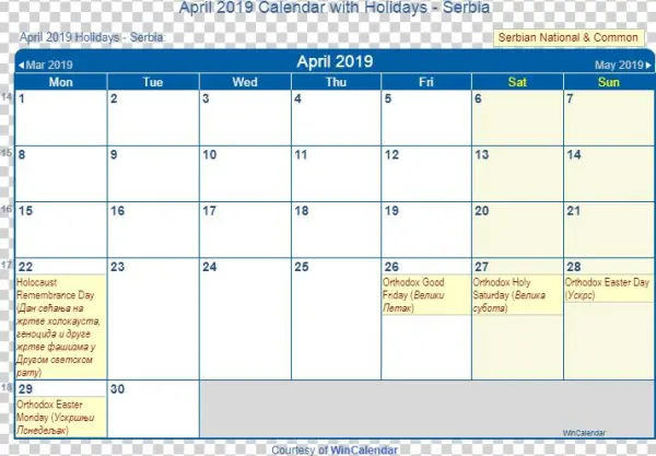 April 2019 Calendar With Serbia Holidays To Print