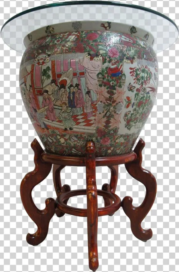 Vintage Asian Pottery Fish Bowl Stand Lamp End Table