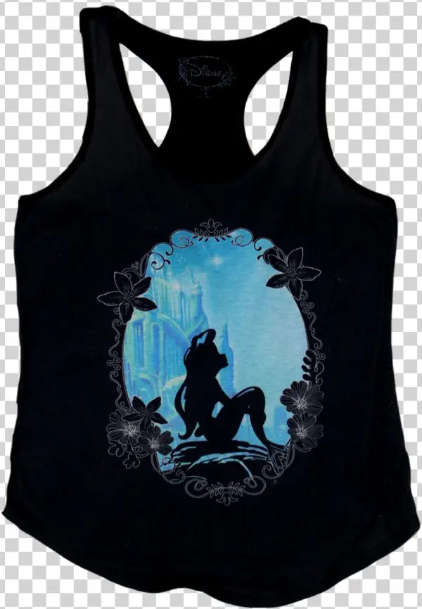 A Black Tanktop With A Centered Image Of Ariel - Blue