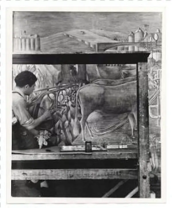 Margolis At Work On Mural, - Painting