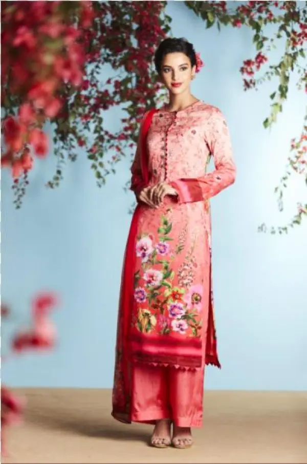Pink Printed Satin Salwar With Dupatta - Semi Stitched