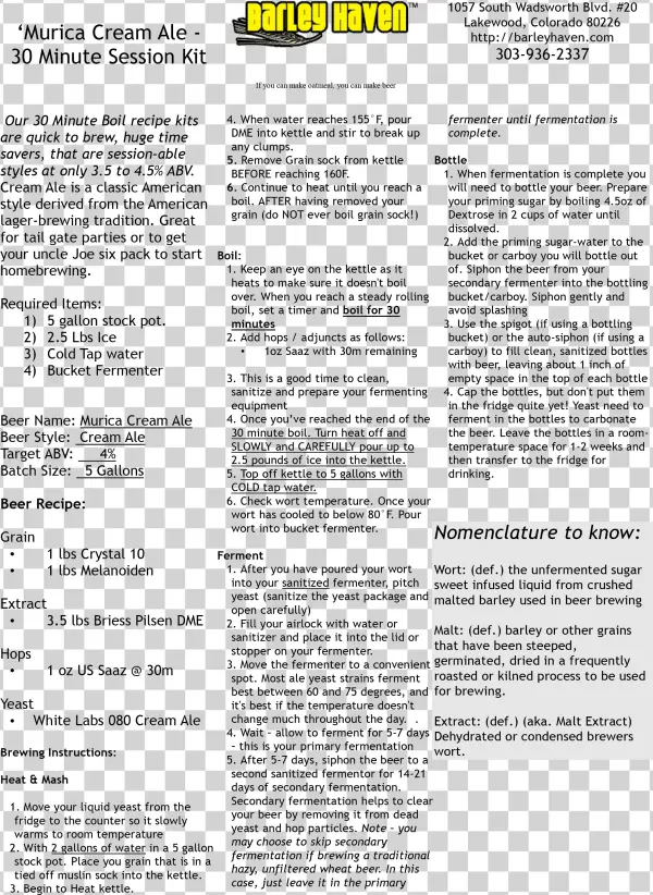 Cream Ale Beer Brewing Recipe Instruction Sheet - Document