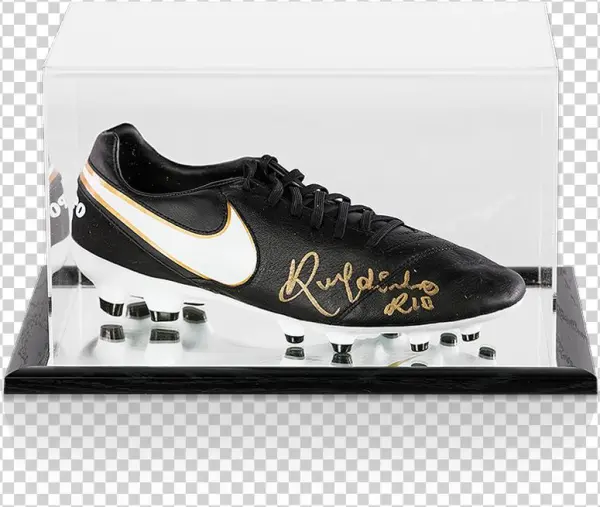 Ronaldinho Signed Black Nike Tiempo Boot In Acrylic - Ronaldinho Autographed Black Nike Tiempo Boot In Acrylic