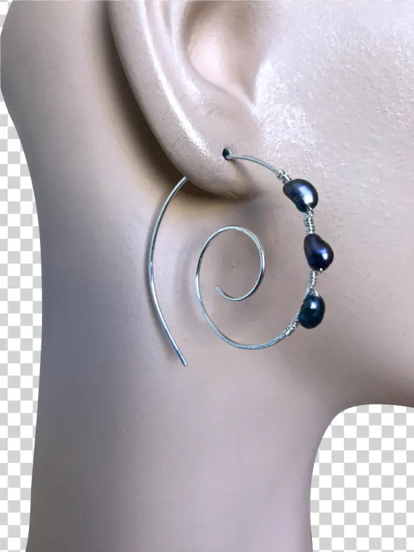 Silver Spiral Hoops, Swirl Earrings, Pearl Hoops, Black