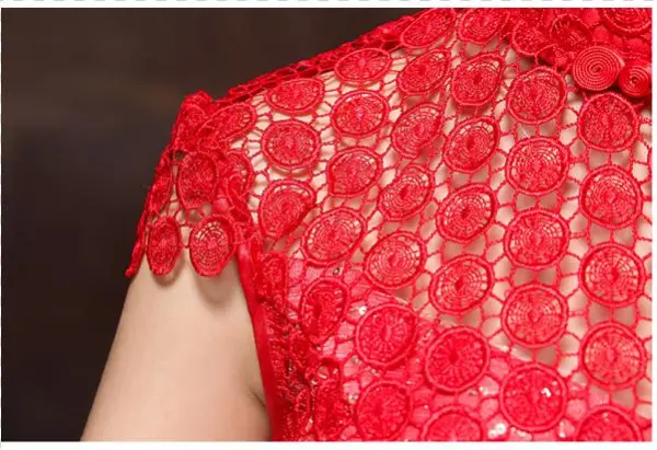 Red Circle Pattern Lace Mandarin Collar Cap Sleeve - Dress