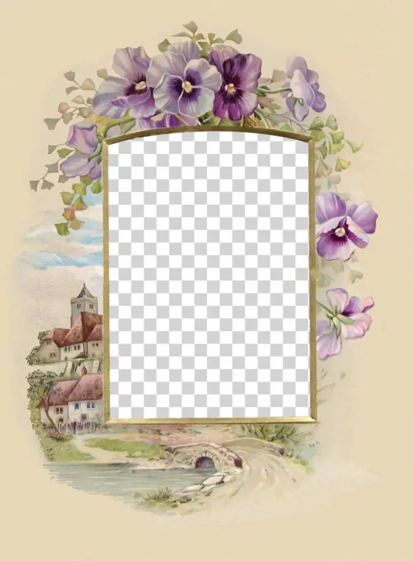 Beautiful Frame With Purple Pansies And Village