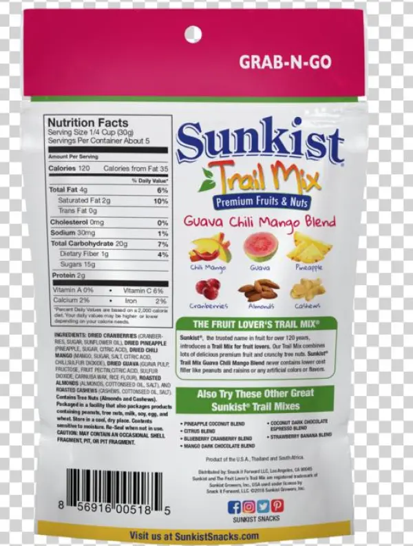 Trailmix Guava Chili 5oz Pouch Back Rgb - Sunkist Trail Mix, Blueberry Apple Blend - 5 Oz