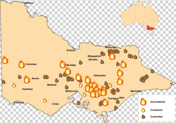 9am Feb 8 2009 Fire Locations Map