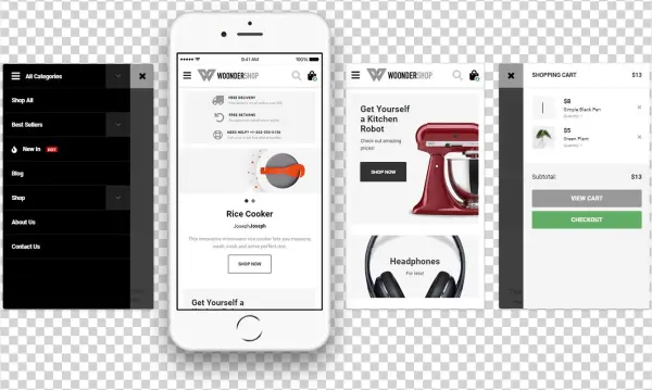 Mobile Screens Of Woondershop Theme - Mobile First Woocommerce Theme