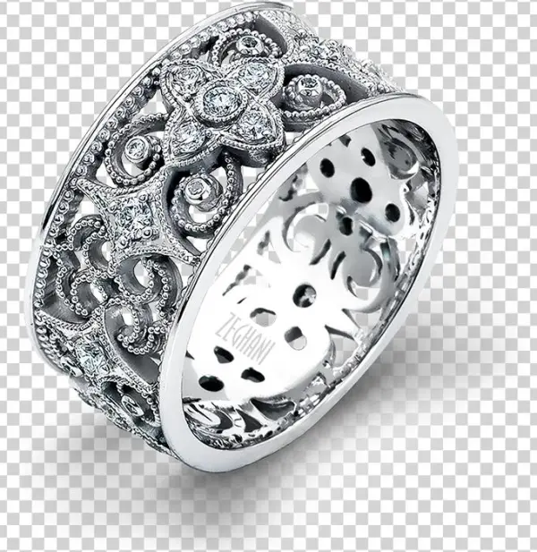 This Lovely 14k White Gold Scroll Pattern Band Is Adorned - Ring