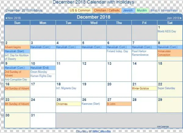 December 2018 Printable Calendar With Us Holidays - January 2019 Calendar With Holidays