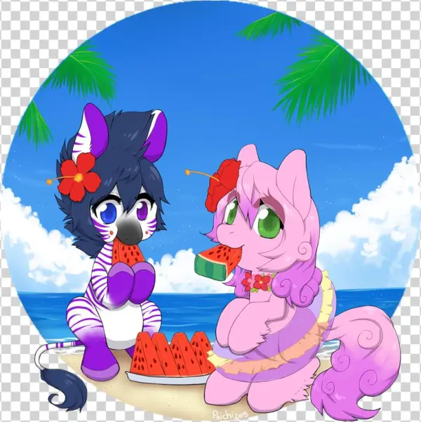 Paichitaron, Beach, Eating, Flower In Hair, Inner Tube, - Cartoon