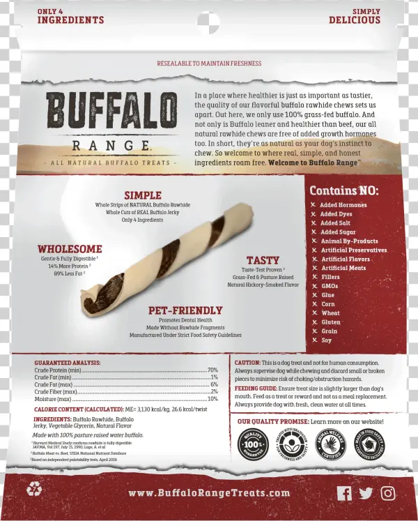 Buffalo Range All Natural Jerky Twist Rawhide Chews - Buffalo Range All Natural, Grain Free Jerky Rawhide