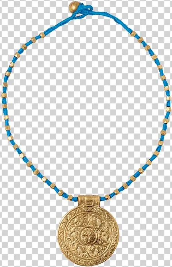 Dhokra Sky Blue Necklace With Round Golden Pendant - Pendant