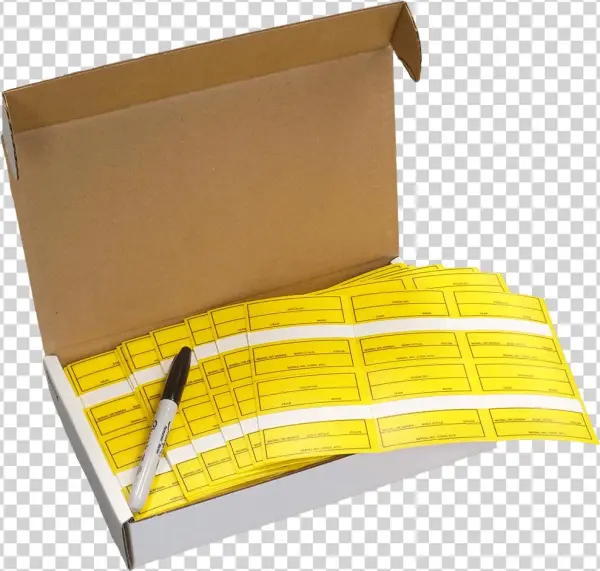 Yellow Square Stock Tags With Sharpie Pens - Wood