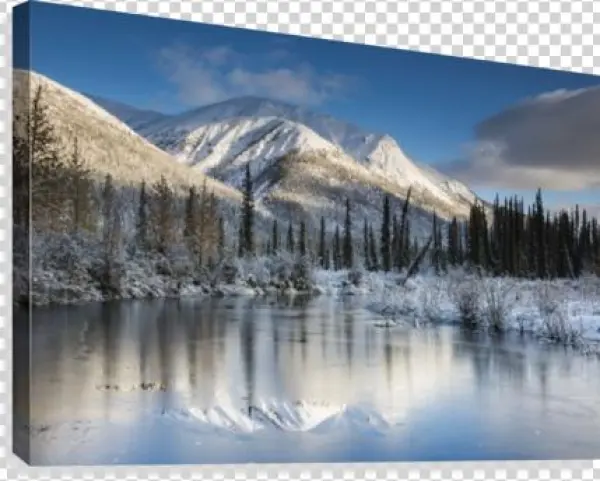 Thin Ice On A Pond Following A Fresh Snow On Mountains - Printscapes Wall Art: 36" X 24" Canvas Print With Black