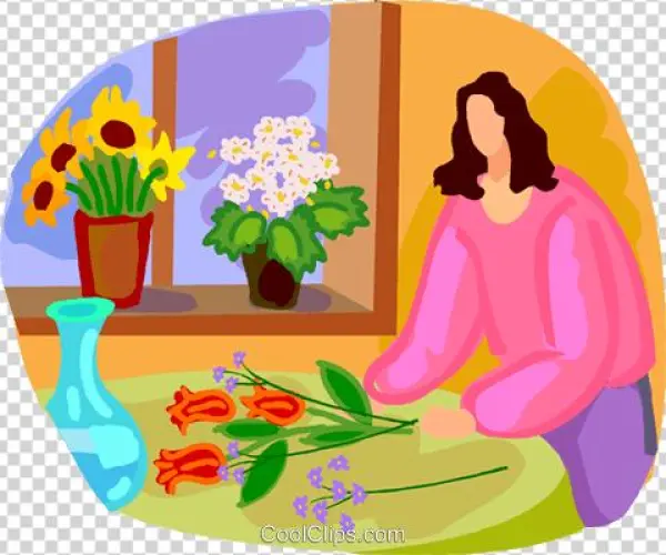 Mujer Arreglos Florales En Macetas Libres De Derechos - Illustration