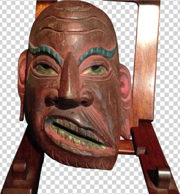 Japanese Antique Wood Noh Mask Of Genji Warrior - Genji Under The Mask