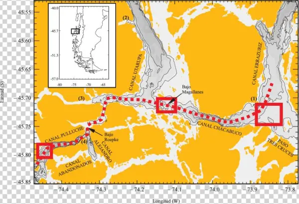 Línea Punteada Indica La Unión De Canales Pulluche - Bathymetry