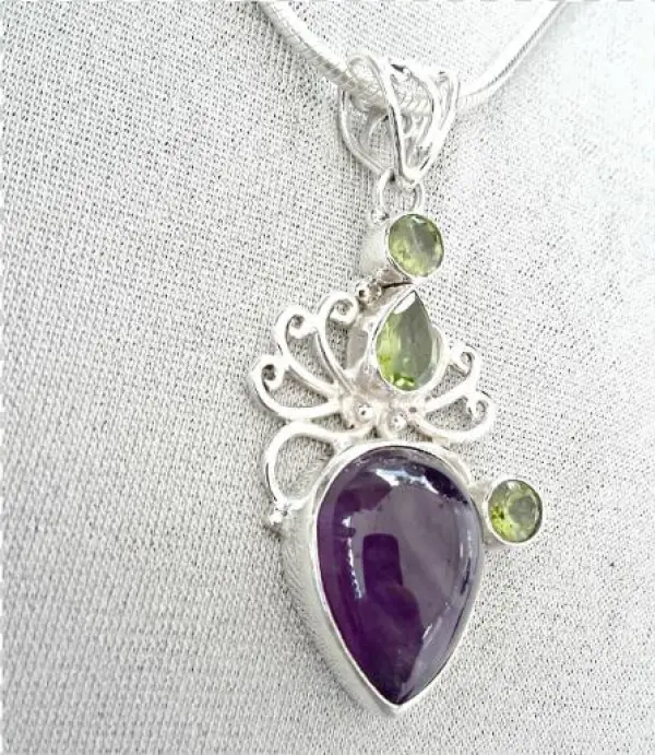 Amethyst And Peridot Gems In Victorian Scroll 925 Sterling