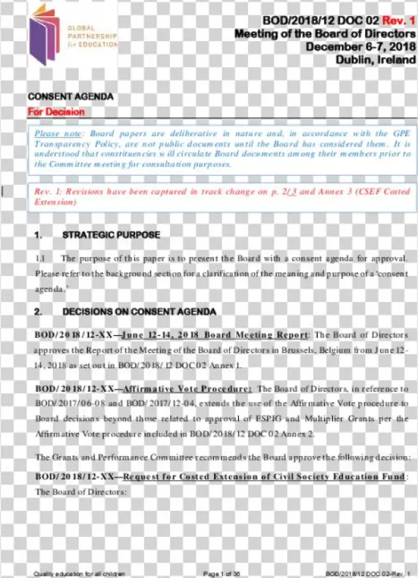 Consent Agenda For Board Of Directors' Meeting - Global Partnership For Education